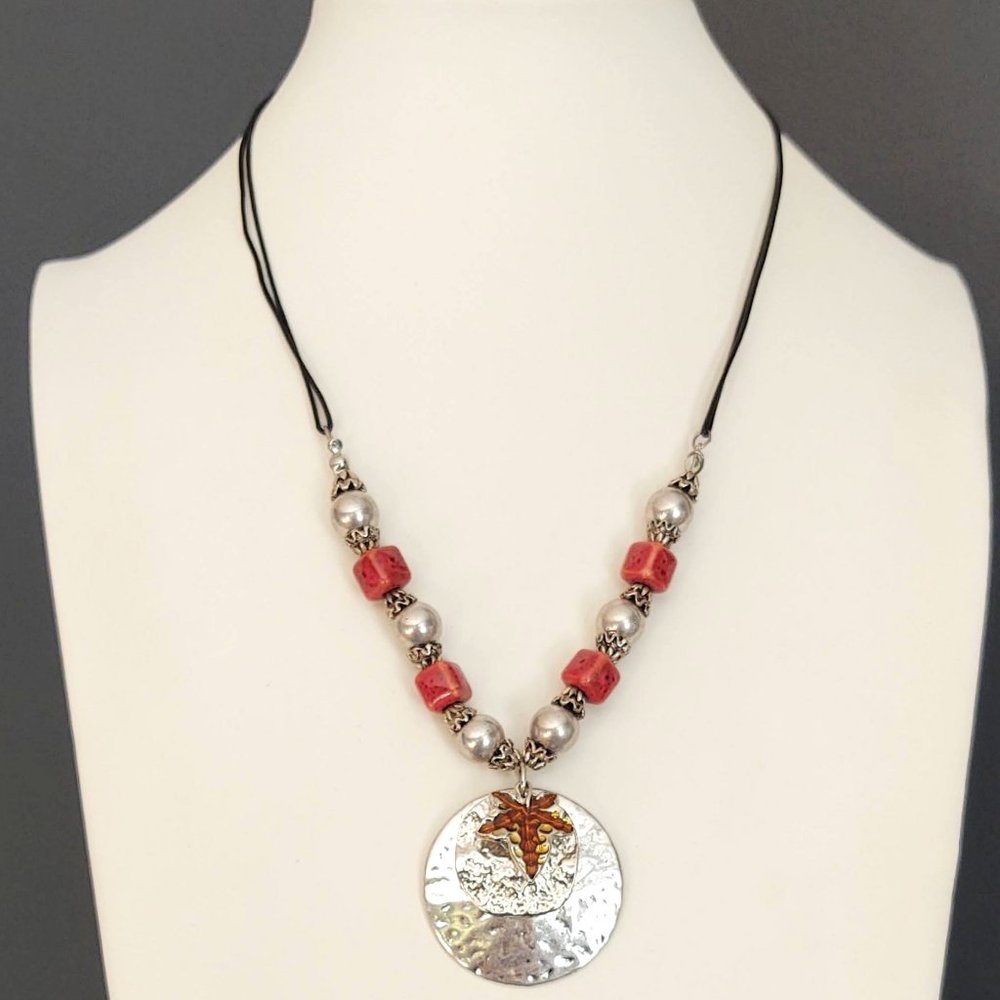 Red ceramic beads w/silver pendant necklace